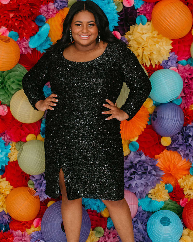 Front of a model wearing a size 14 What A Gem Short Prom Dress in Onyx by Sydney's Closet. | dia_product_style_image_id:286738